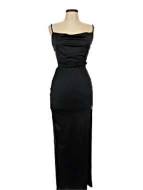 Vibe Black Satin Cowl Neck Slip Maxi Dress